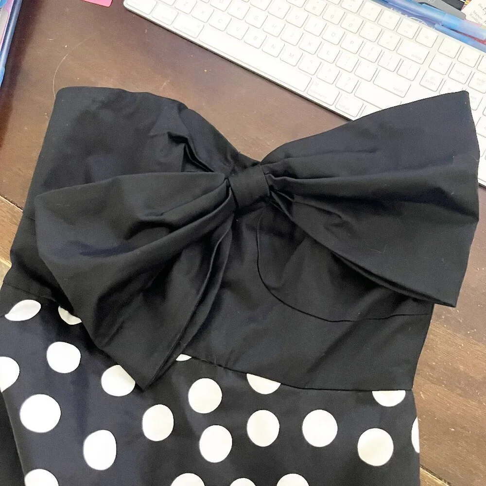 Hutch for Anthropologie Black & White Polka Dot Strapless Dress with Bow Size 4P - Picture 2 of 13